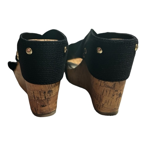 Montego Bay Black Criss Cross Strap Platform Cork Wedge Sandals Size 9.5 Shoes - Picture 4 of 10